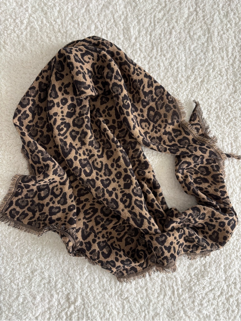 J.Jill Leopard Print Triangle Scarf Brown Black Metallic Fringe Cotton